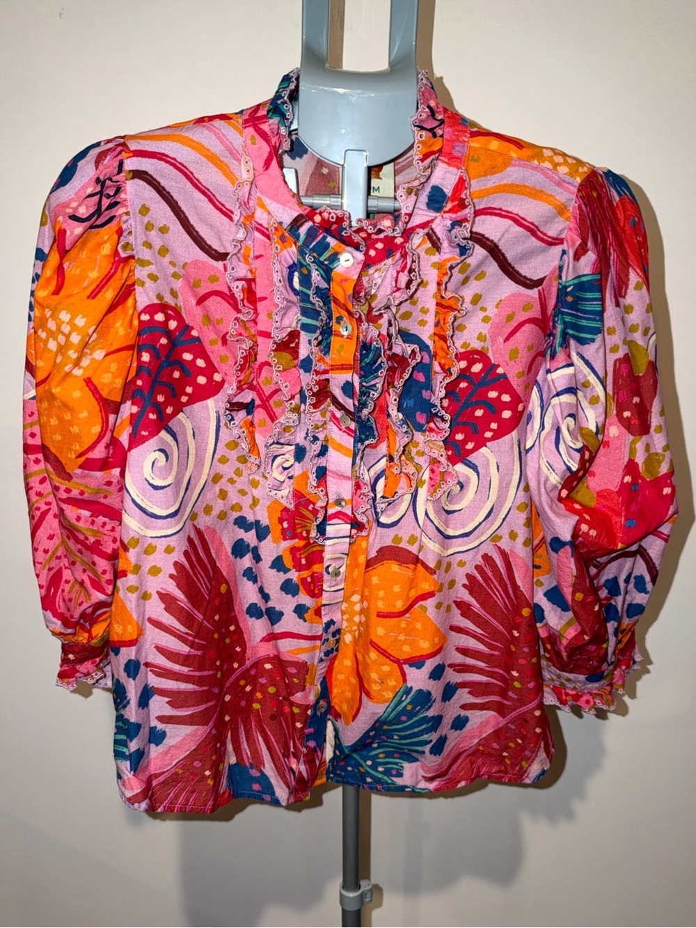 FARM Rio Women's L Pink Multicolor Floral Ruffle Puff Sleeve Button Blouse